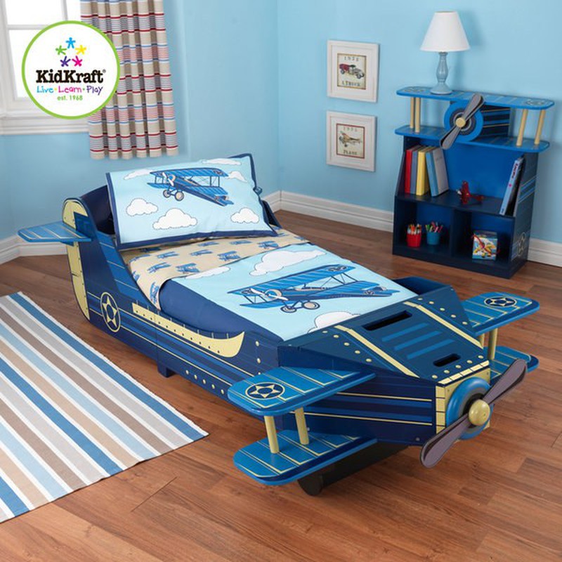 Cama de coche de madera maciza para niños, cama de avión